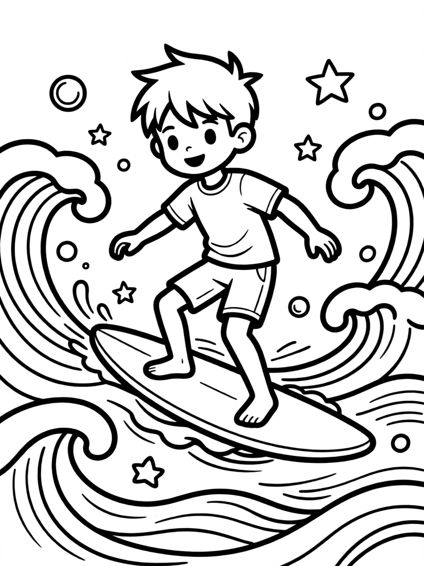 Sasuke surfing on waves, with playful patterns around.