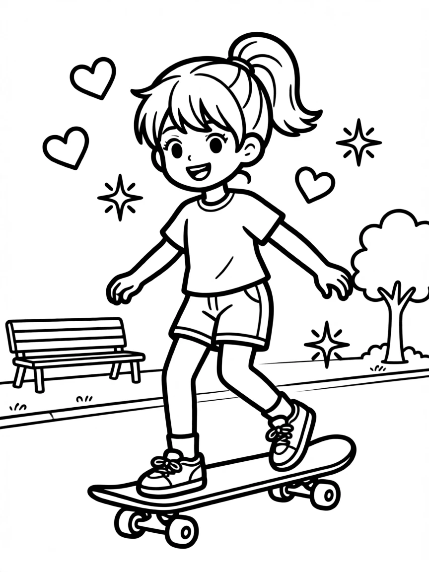 Sakura skateboarding in the park, with hearts and sparkles around.