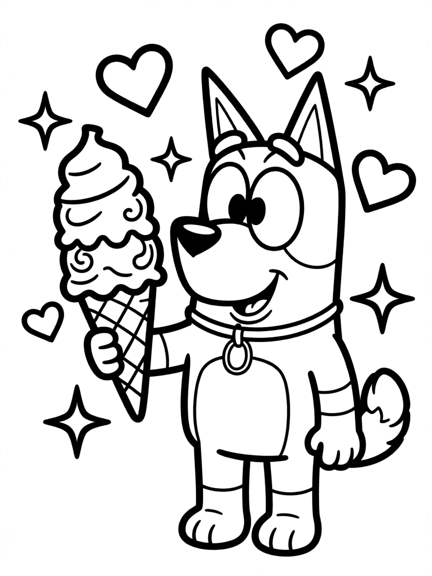 Courage the Cowardly Dog enjoying an ice cream cone, with hearts and sparkles around.
