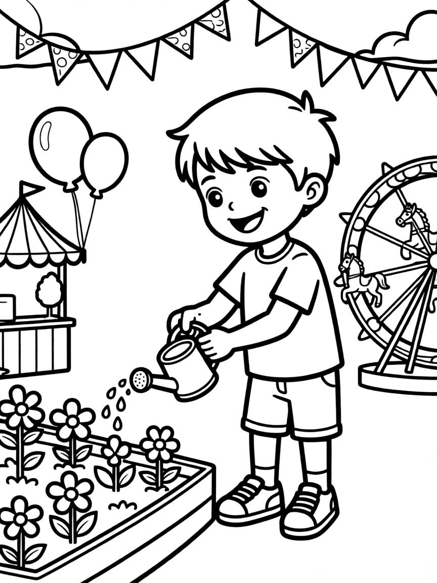 Diego gardening, at a carnival with colorful decorations.