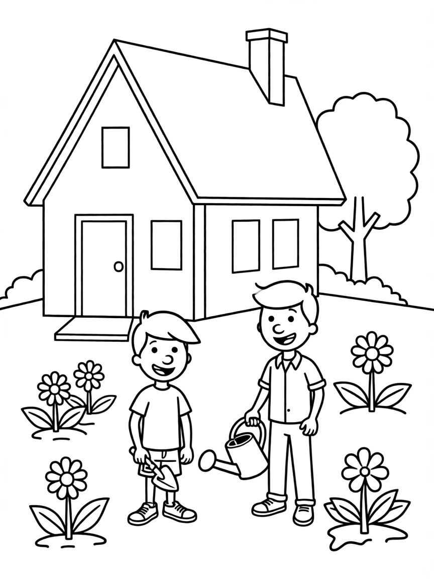 Phineas and Ferb gardening, in front of their famous house or scene.
