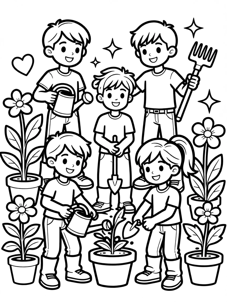 Avengers gardening, with hearts and sparkles around.