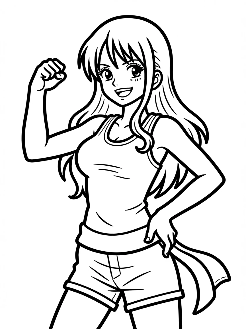 Nami posing heroically, with big bold outlines for easy coloring.