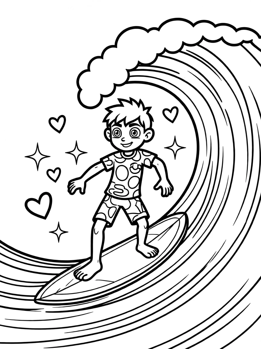 Ben 10 surfing on waves, with hearts and sparkles around.