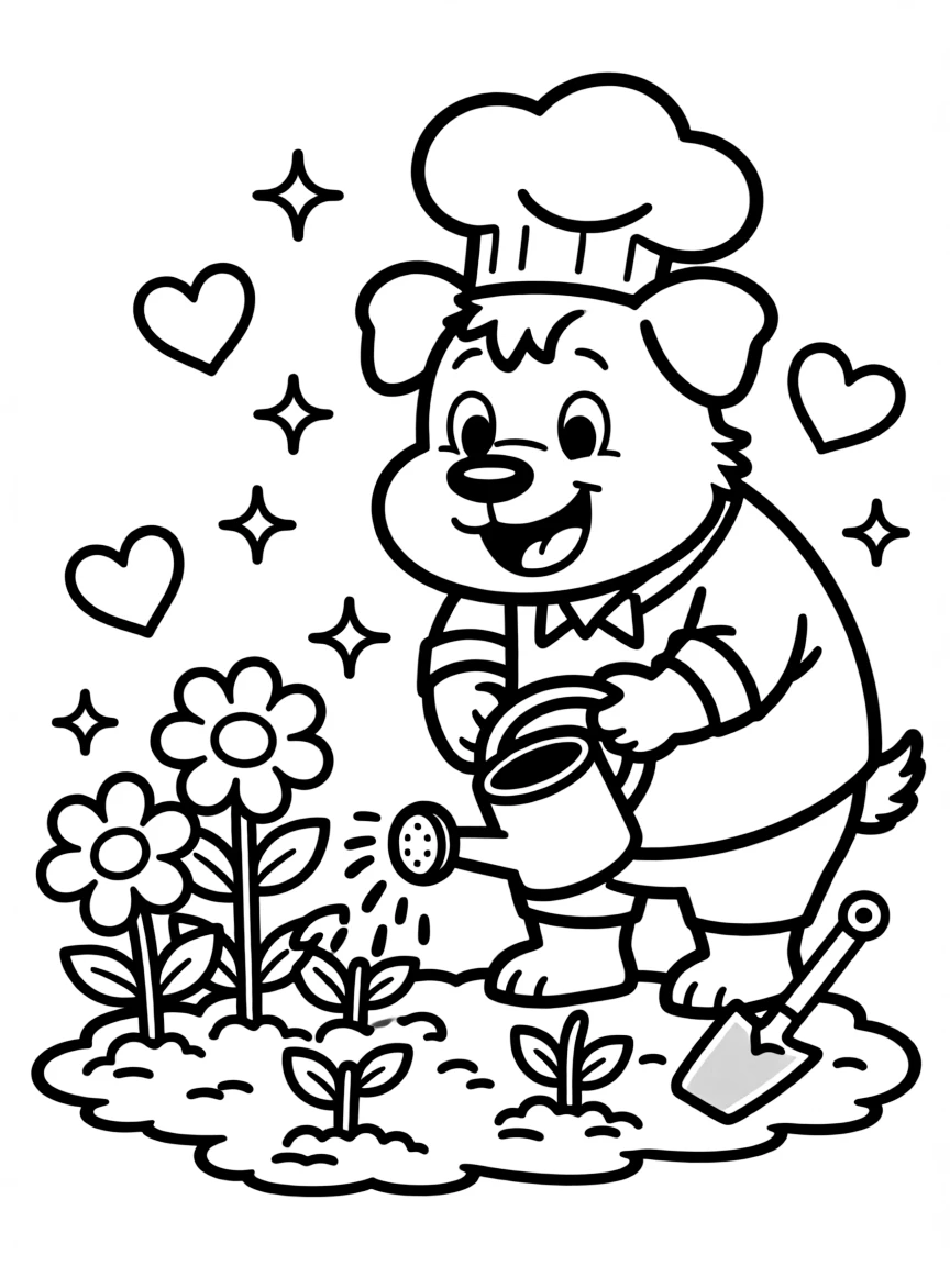 Chowder gardening, with hearts and sparkles around.