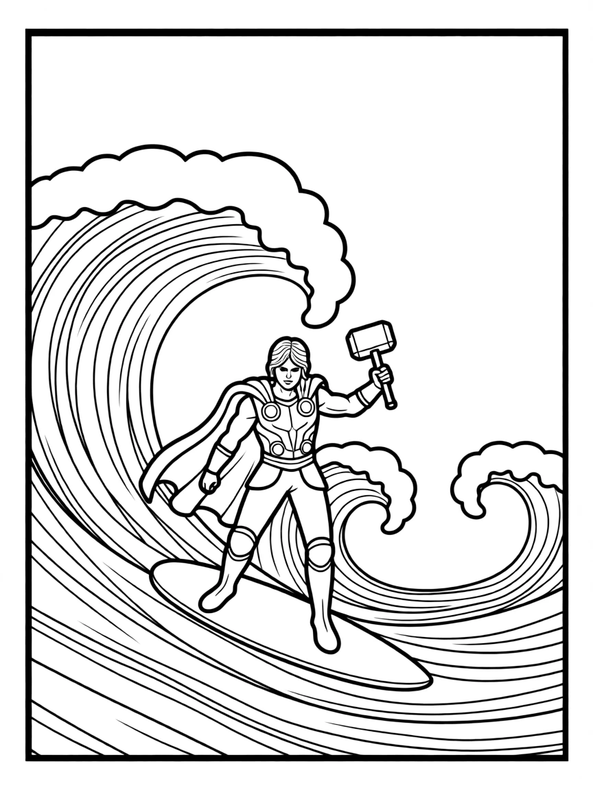 Thor surfing on waves, inside a comic book frame.