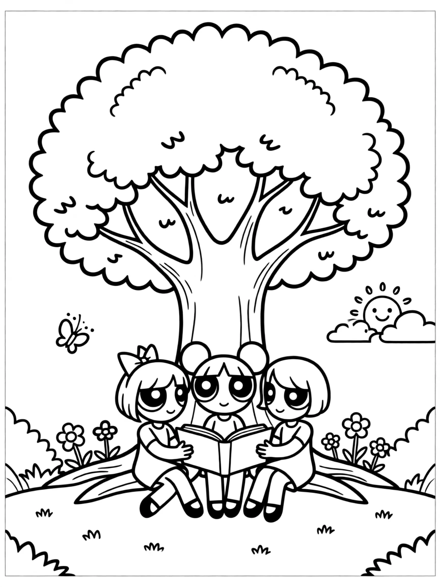 Powerpuff Girls reading a book under a tree, with fun background elements.