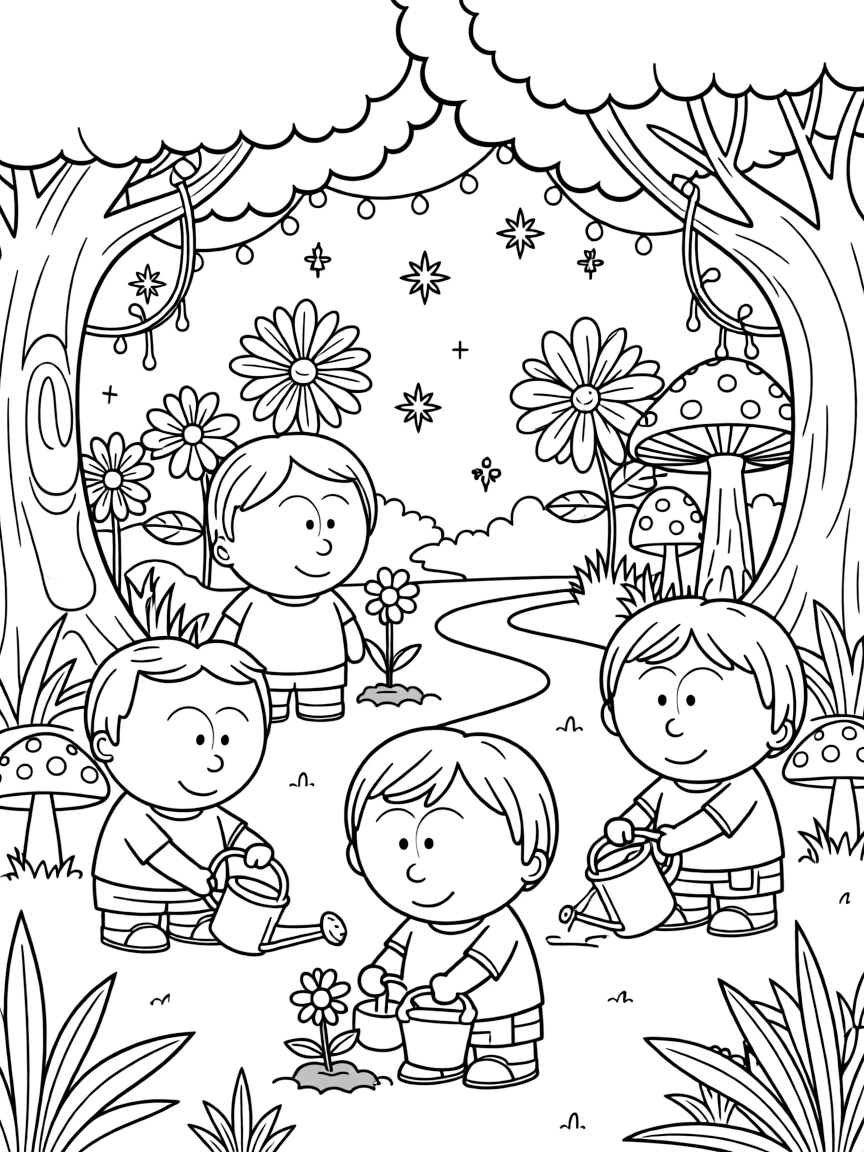 South Park gardening, in a magical forest setting.