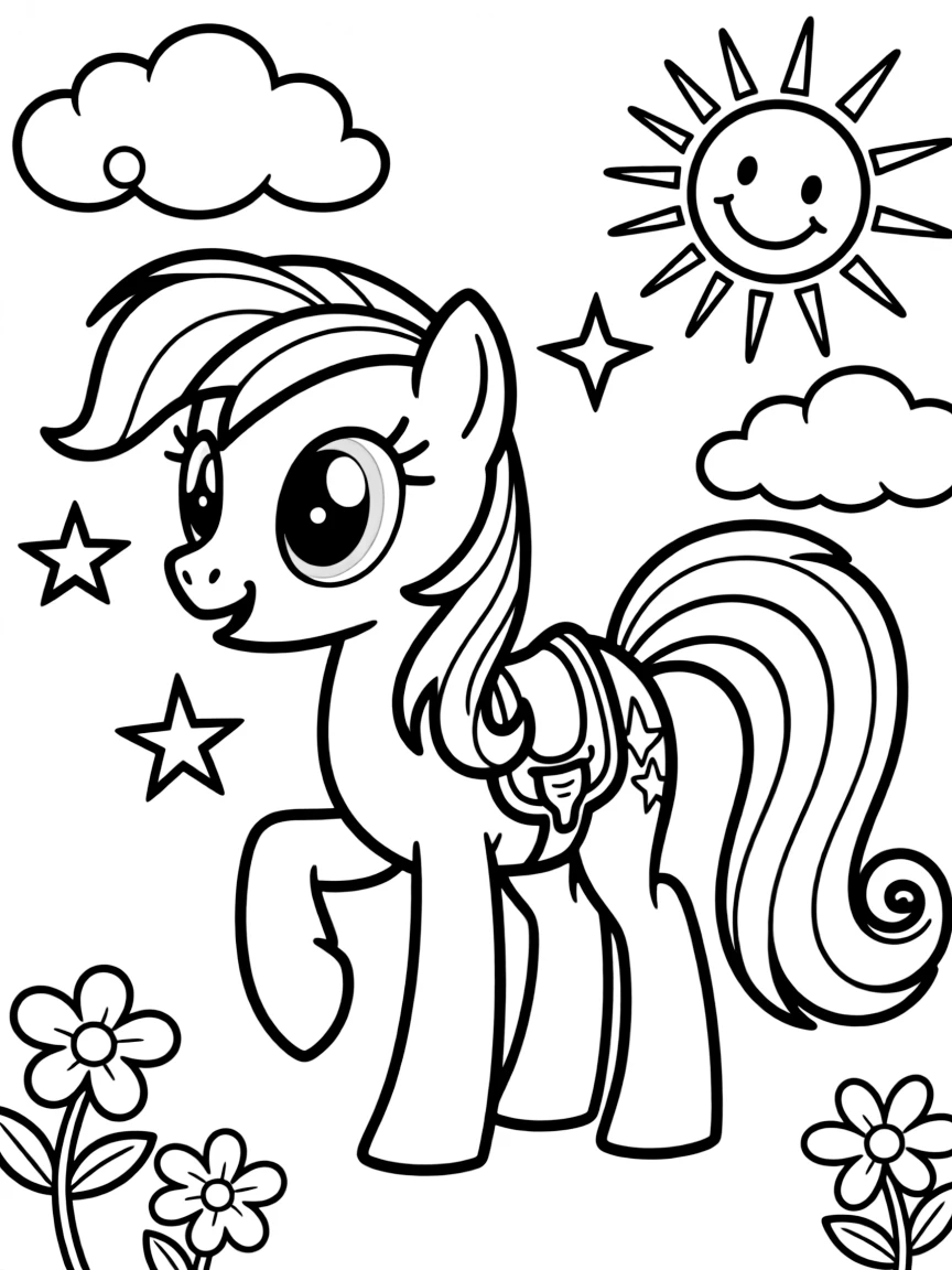 My Little Pony posing heroically, with fun background elements.