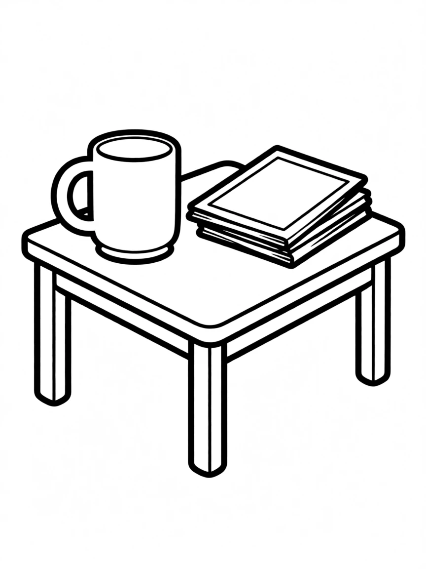 a coffee table with a mug and magazines