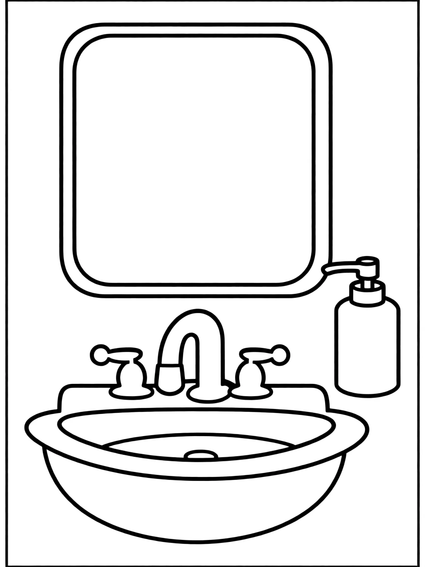 a sink with a mirror and soap dispenser