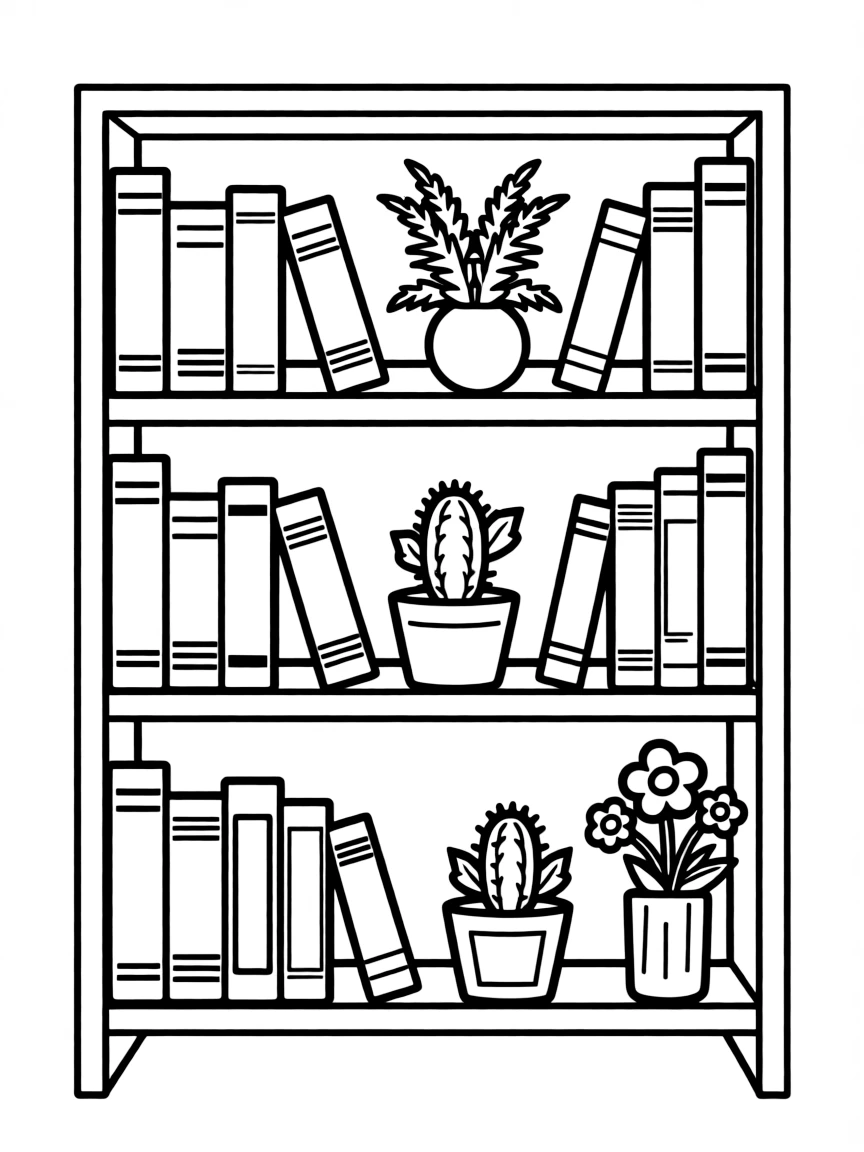a bookshelf with plants and books