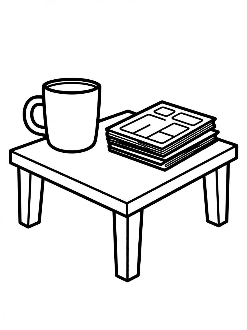 a coffee table with a mug and magazines