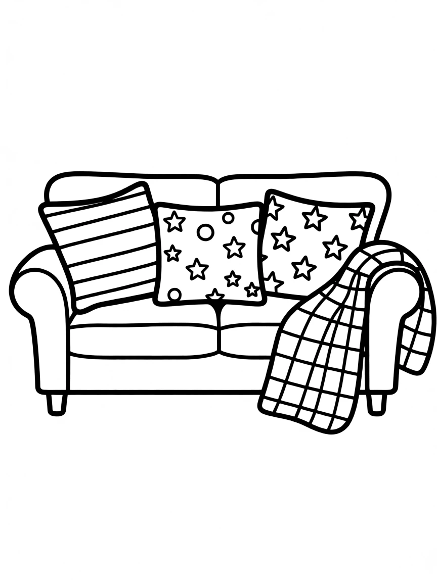 a couch with patterned cushions and a throw blanket