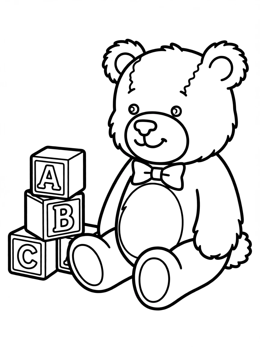 a teddy bear sitting next to building blocks