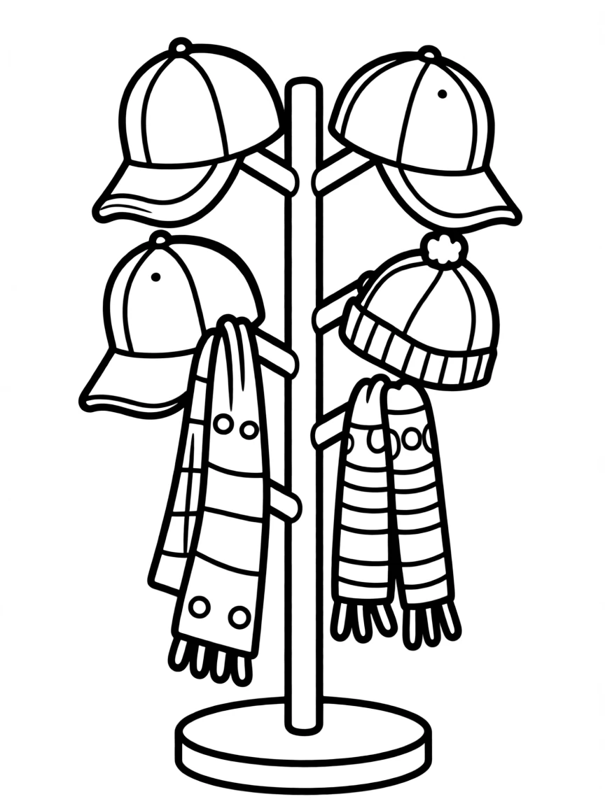 a hat stand with caps and scarves