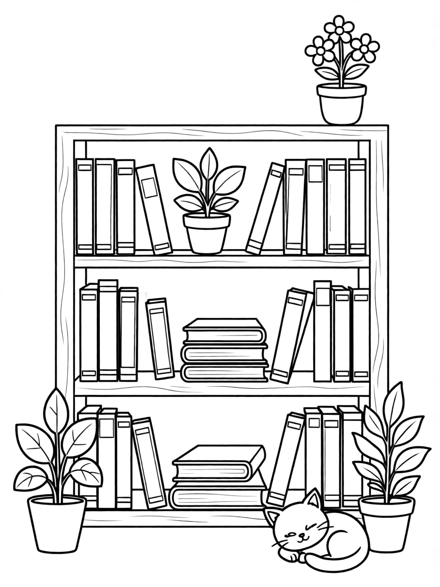 a bookshelf with plants and books
