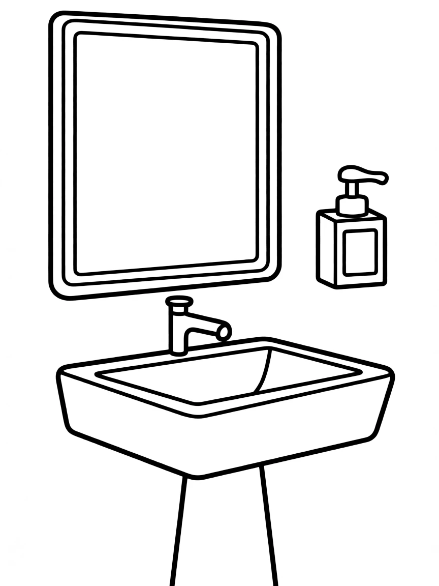 a sink with a mirror and soap dispenser