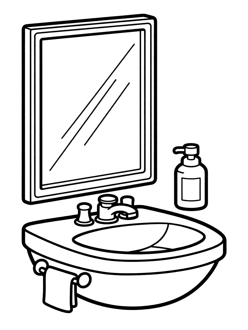 a sink with a mirror and soap dispenser