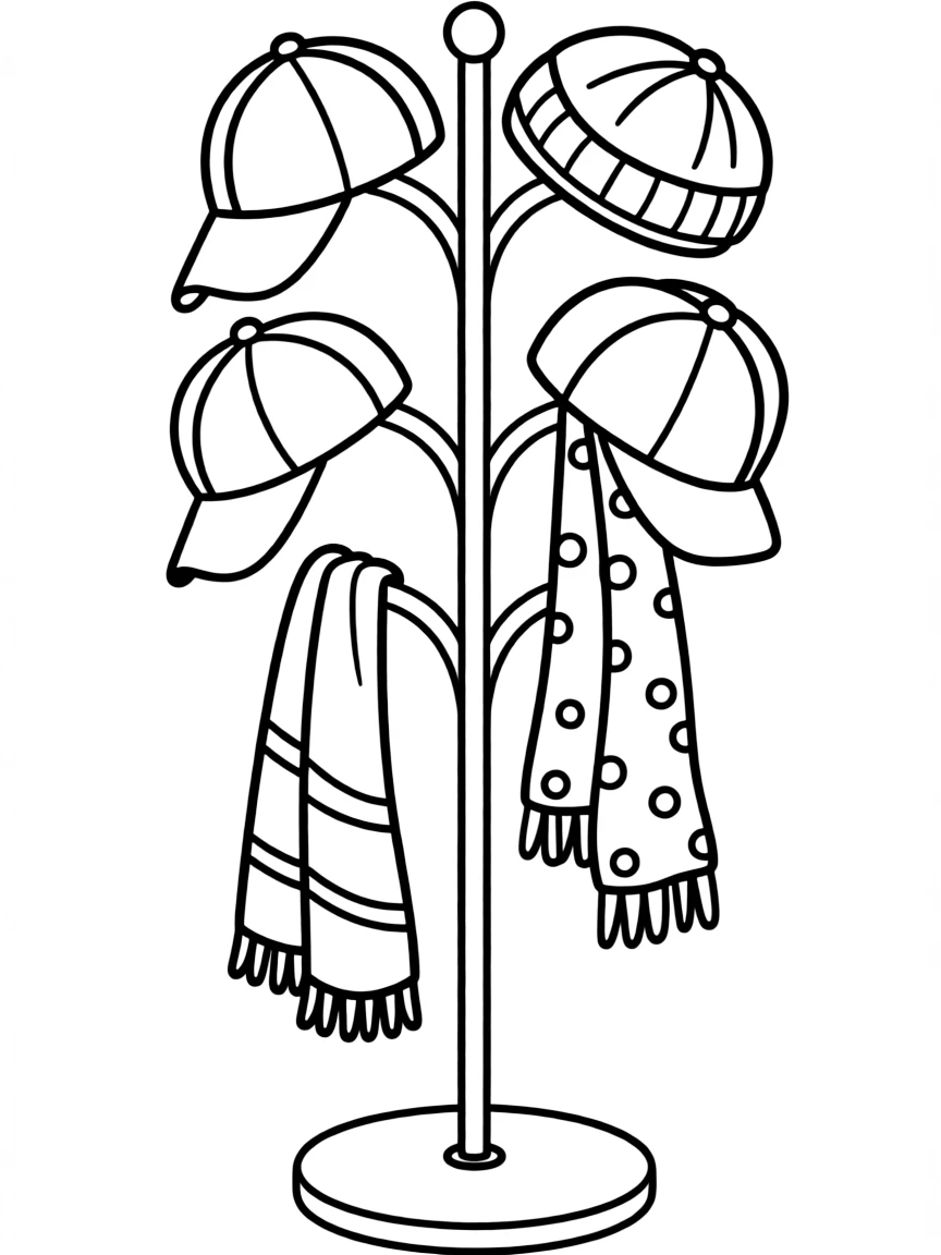 a hat stand with caps and scarves