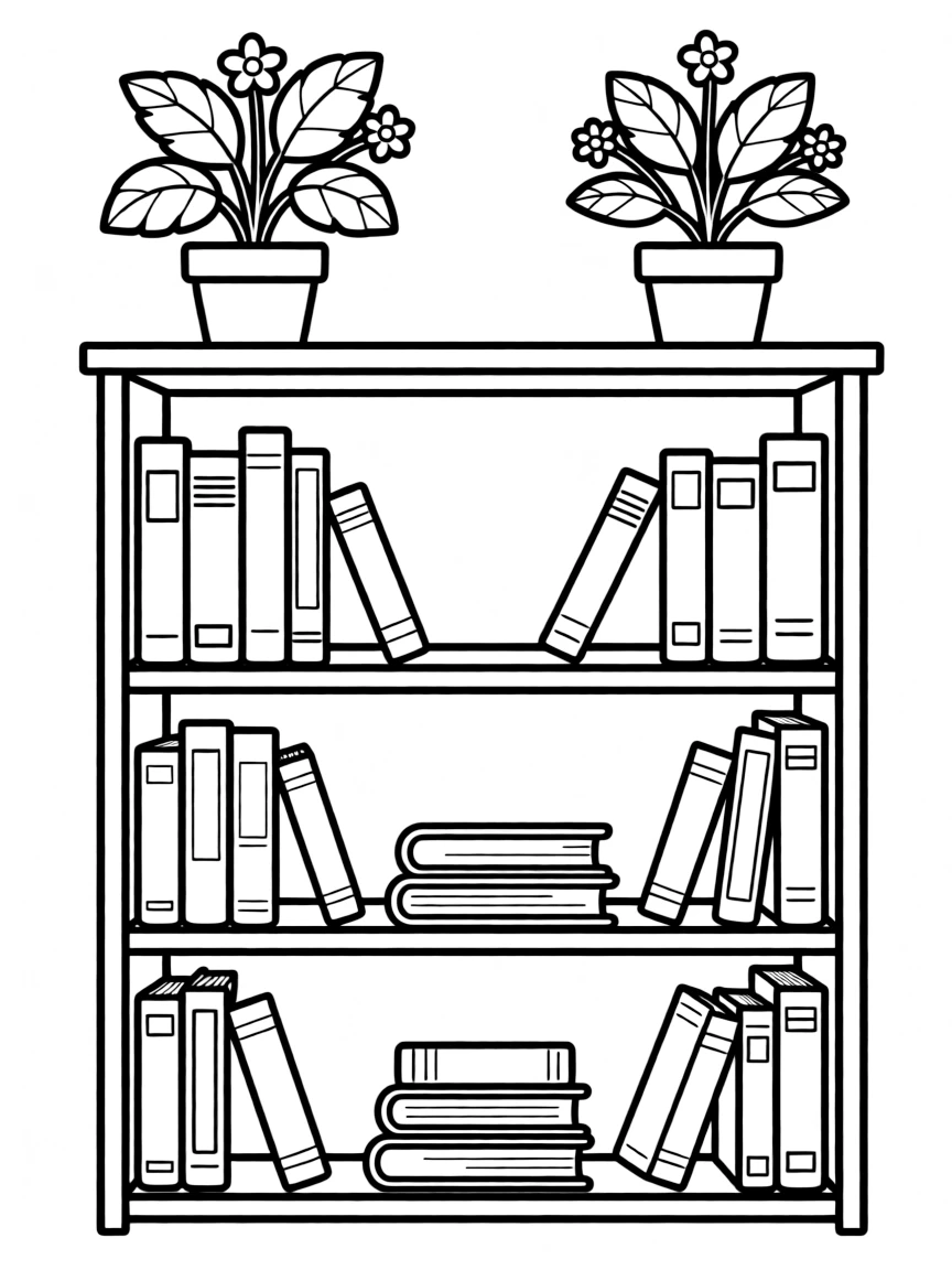 a bookshelf with plants and books