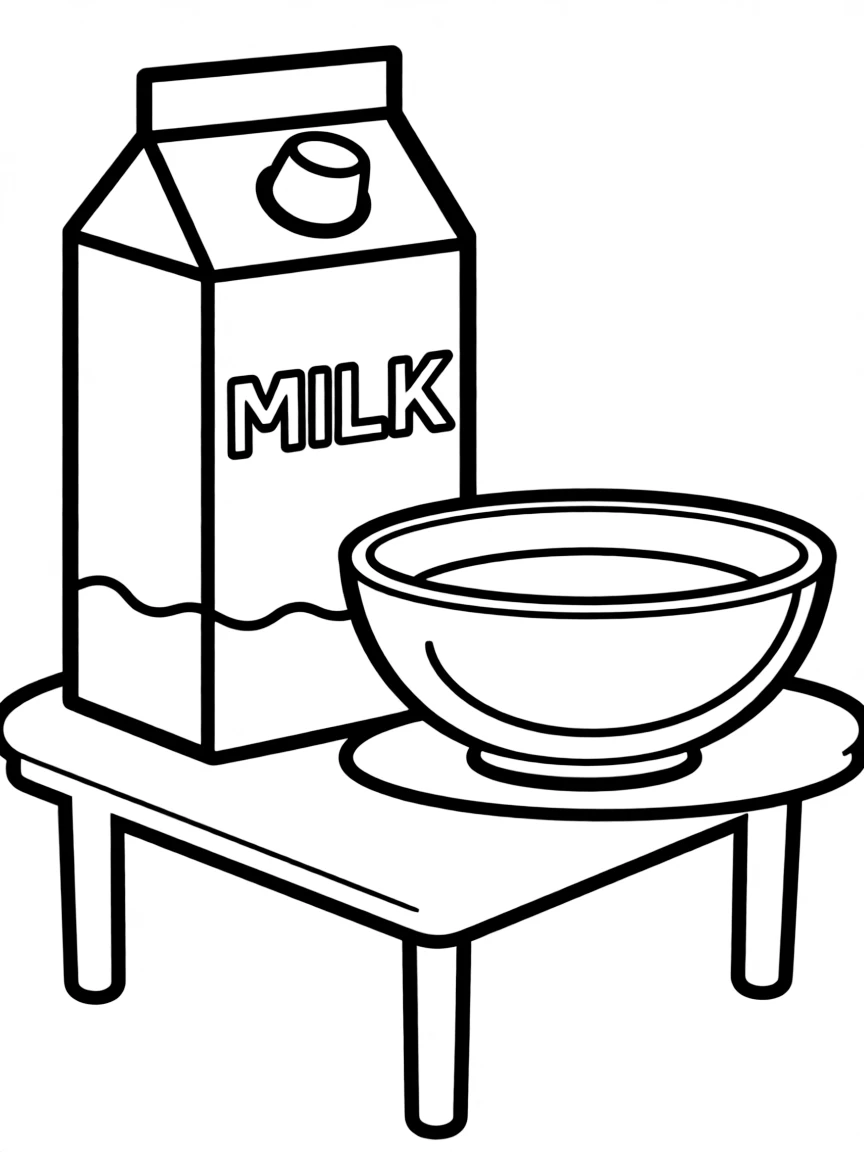 a carton of milk next to a cereal bowl