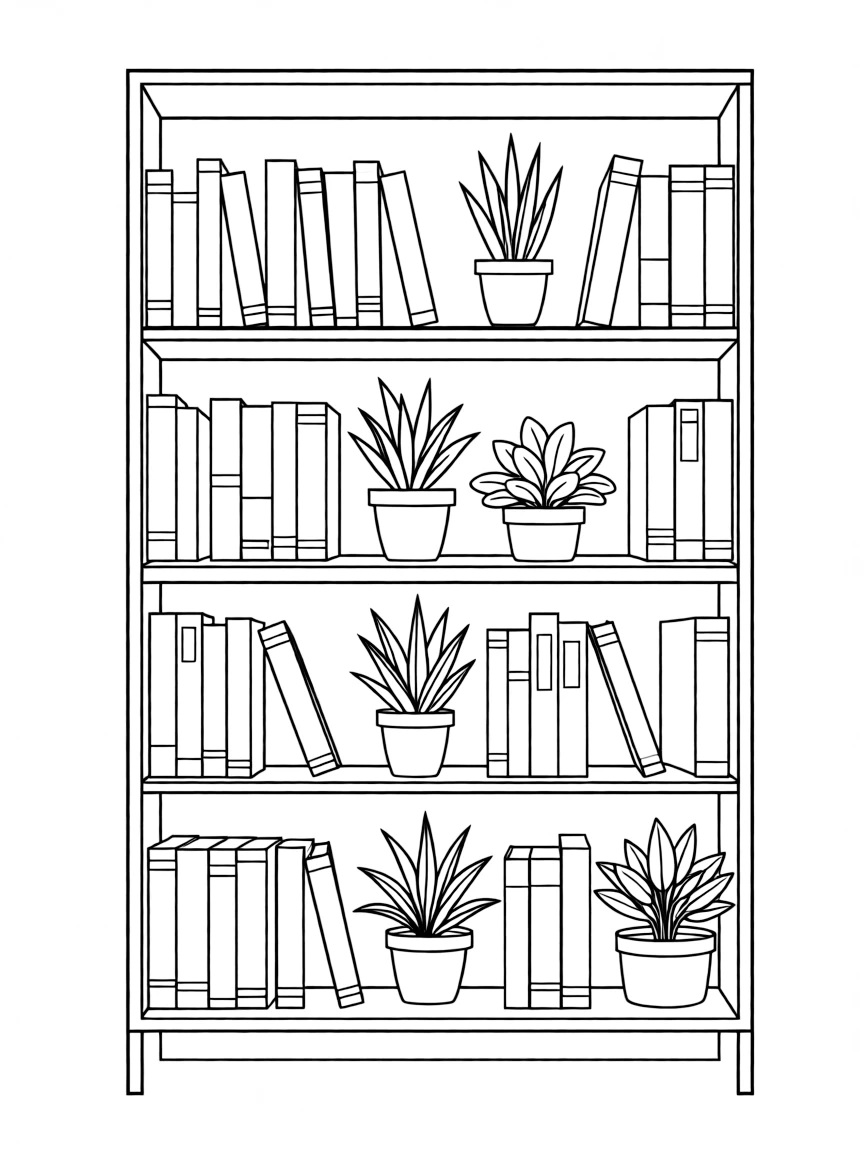 a bookshelf with plants and books