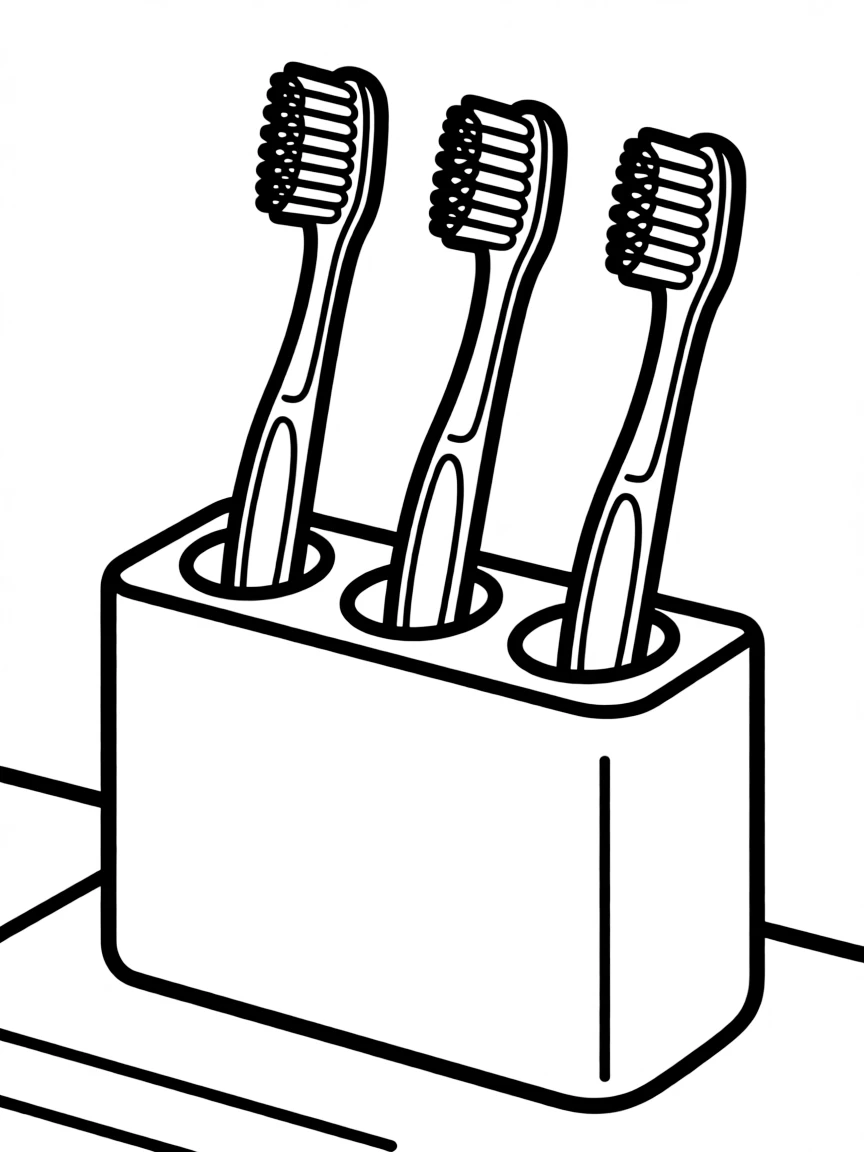 a toothbrush holder with three different colored toothbrushes