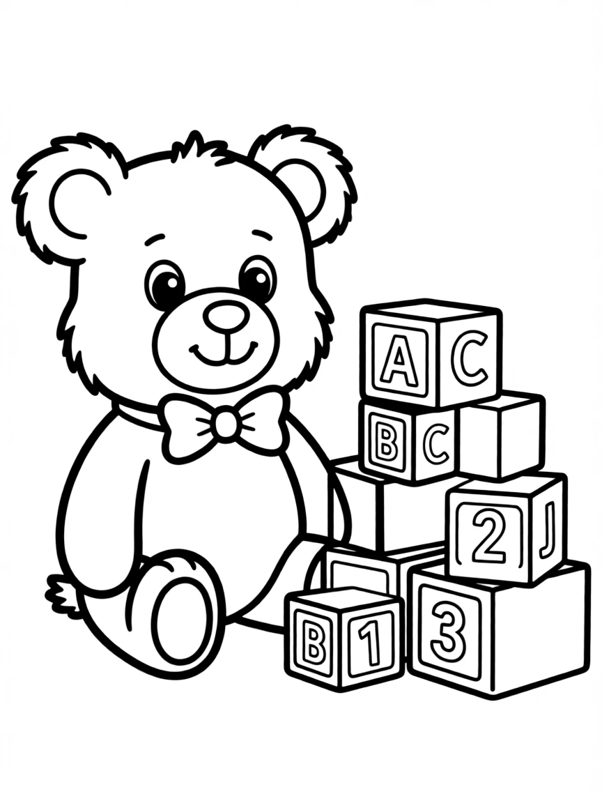 a teddy bear sitting next to building blocks