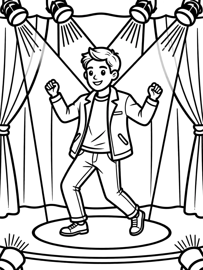 Chris Hemsworth dancing on a stage with spotlights and fun outfits – a fun and kid-friendly coloring page.