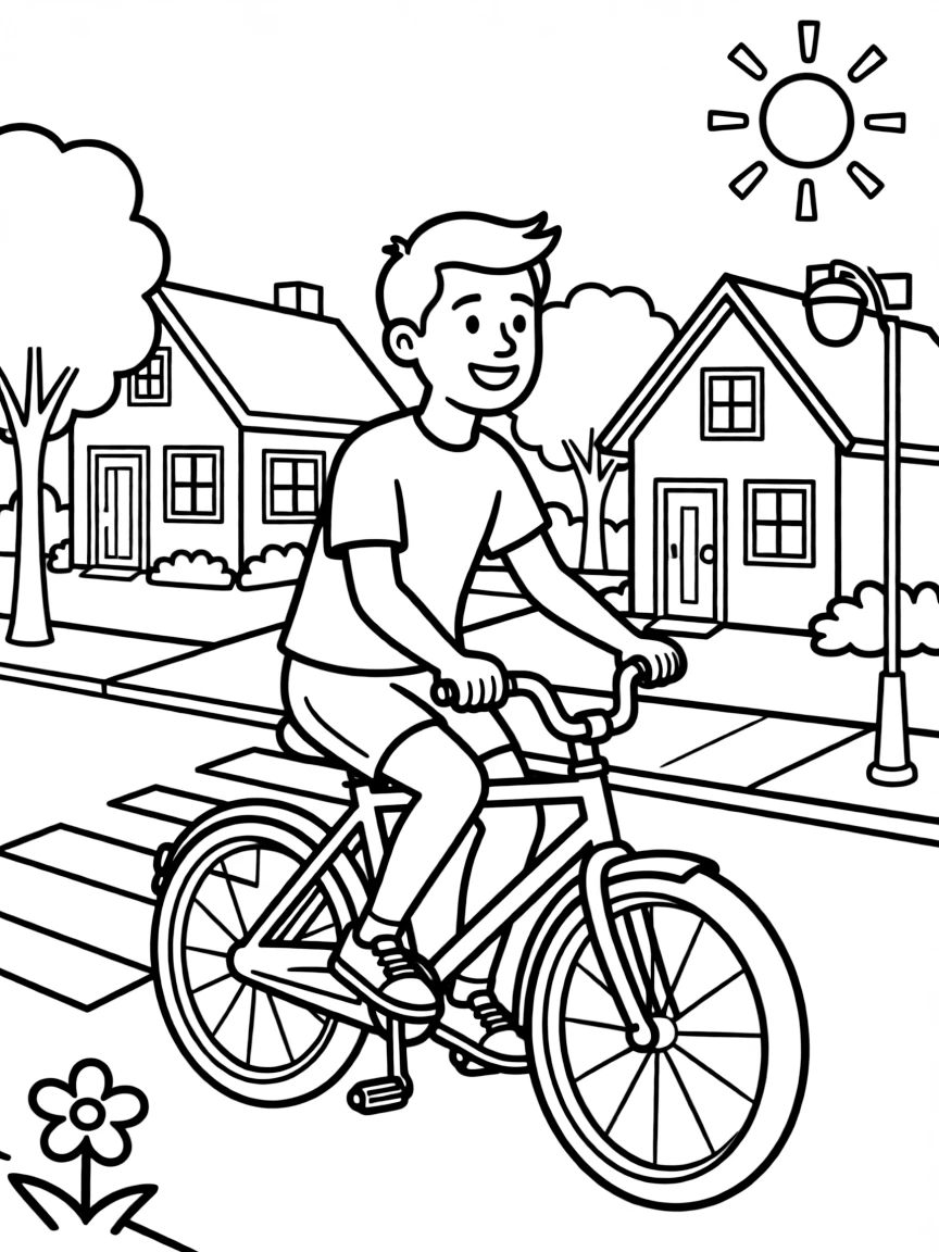 MrBeast riding a bicycle through a sunny neighborhood – a fun and kid-friendly coloring page.