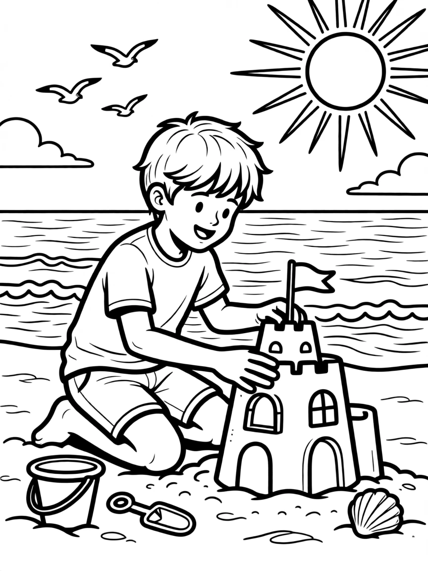 Shawn Mendes building a sandcastle at the beach – a fun and kid-friendly coloring page.