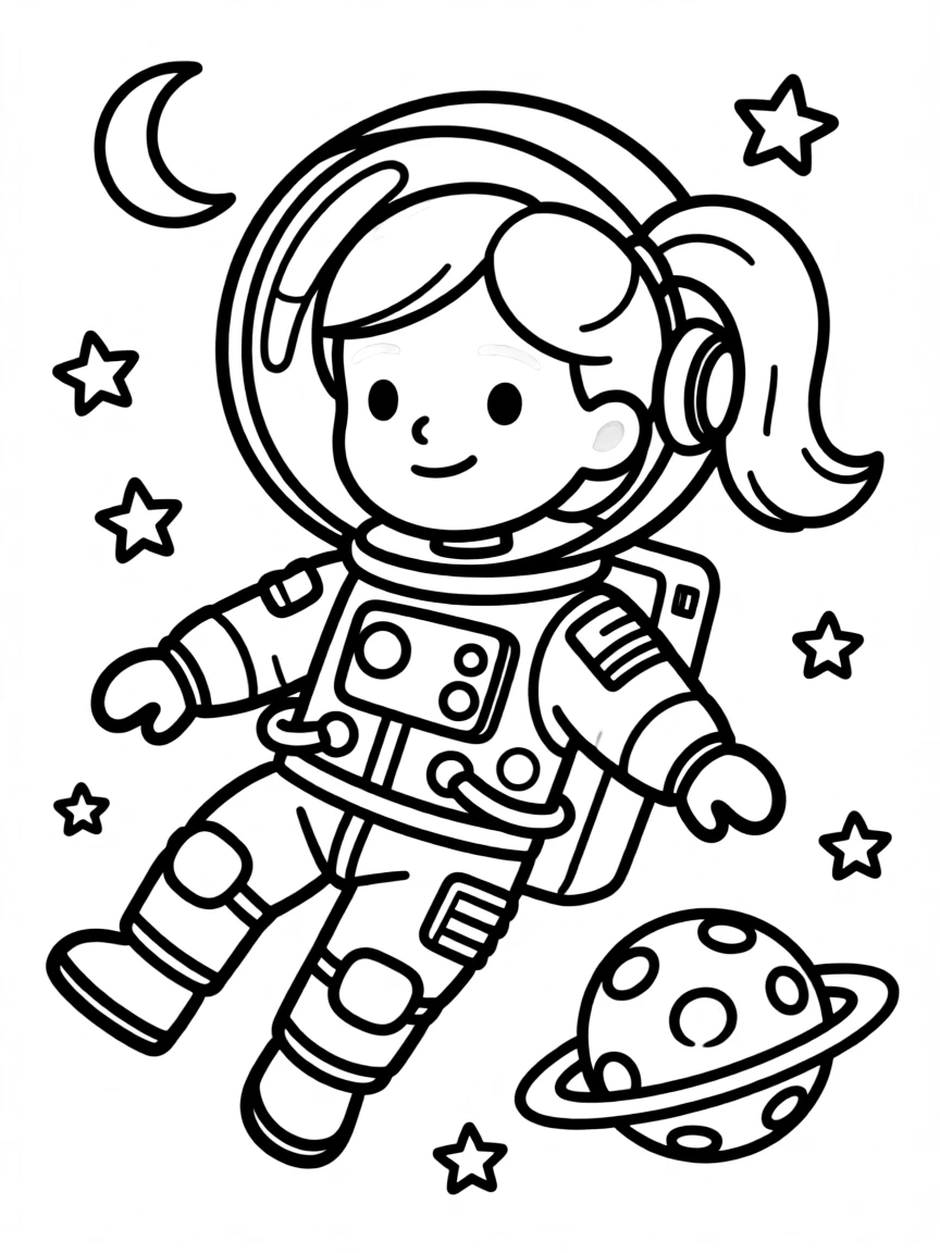Emma Stone exploring space in an astronaut suit – a fun and kid-friendly coloring page.
