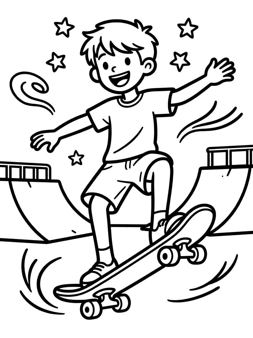Chris Hemsworth skateboarding at a skate park with stars and swirls around – a fun and kid-friendly coloring page.