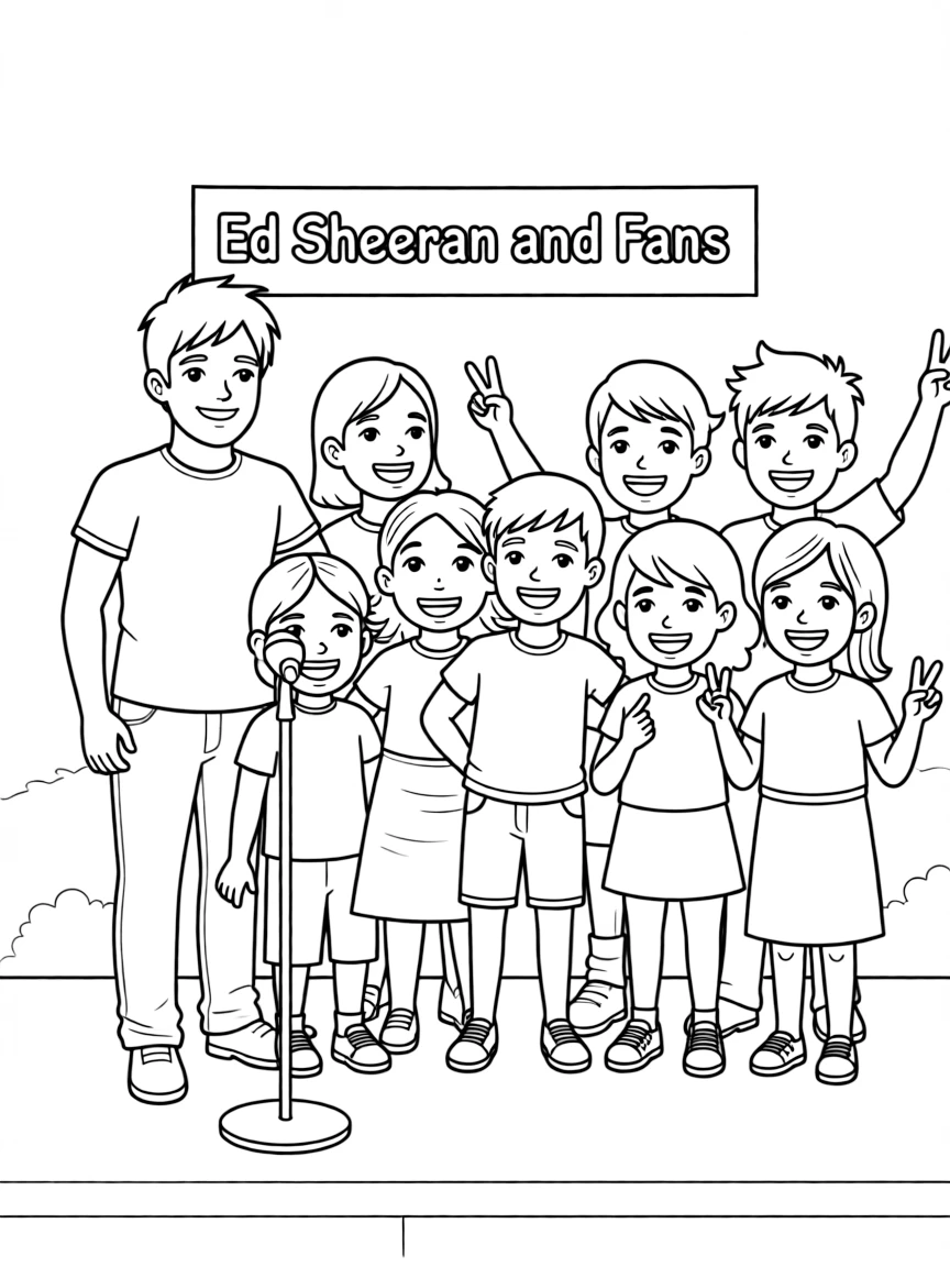 Ed Sheeran posing with cartoon versions of their fans – a fun and kid-friendly coloring page.