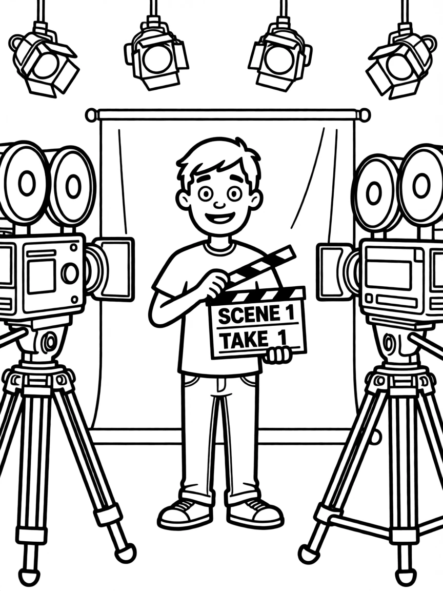 PewDiePie acting in a scene on a movie set with cameras – a fun and kid-friendly coloring page.