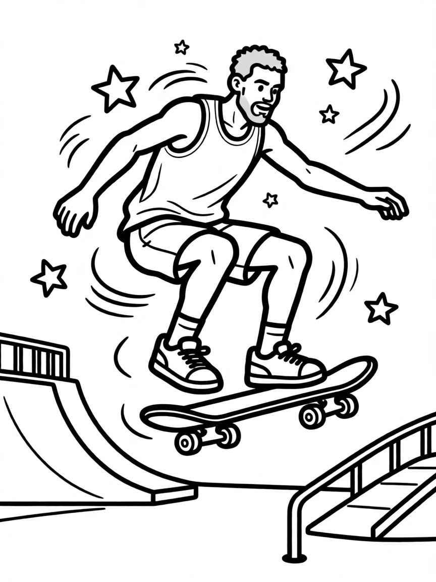 LeBron James skateboarding at a skate park with stars and swirls around – a fun and kid-friendly coloring page.