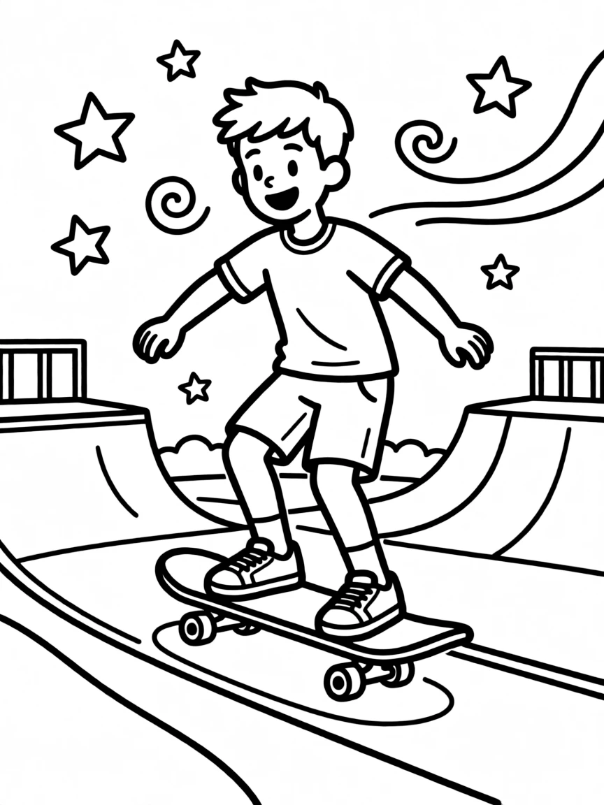 Justin Bieber skateboarding at a skate park with stars and swirls around – a fun and kid-friendly coloring page.