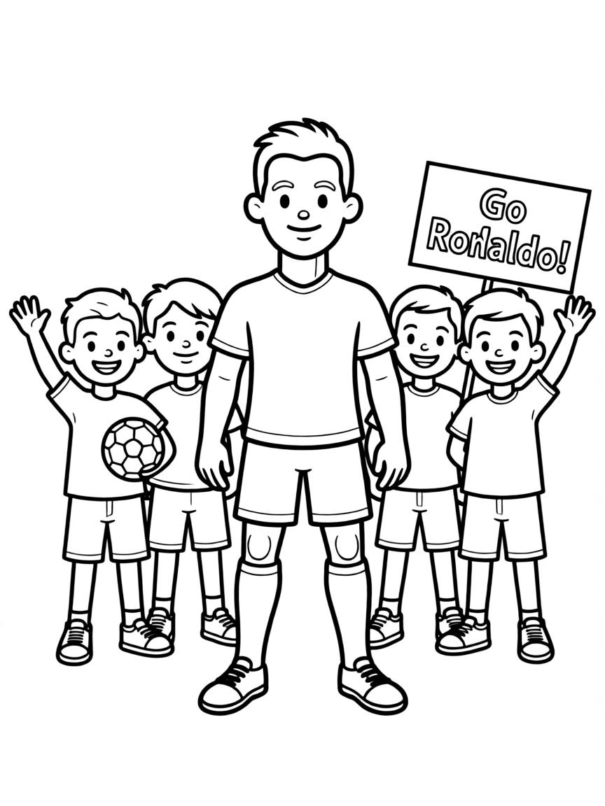 Cristiano Ronaldo posing with cartoon versions of their fans – a fun and kid-friendly coloring page.