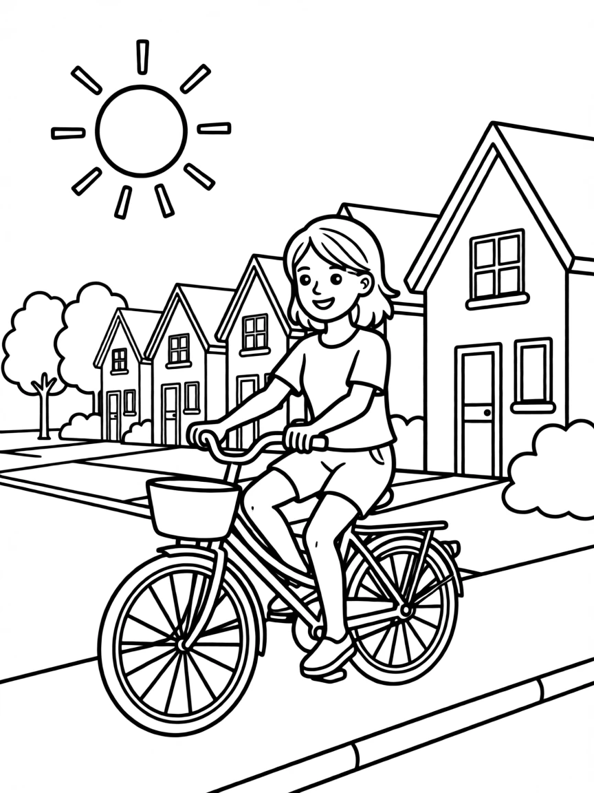 Dua Lipa riding a bicycle through a sunny neighborhood – a fun and kid-friendly coloring page.