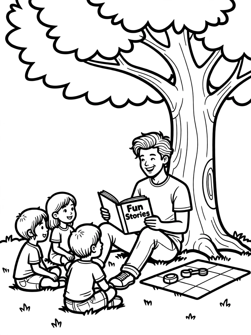 Shawn Mendes reading a storybook to children under a tree – a fun and kid-friendly coloring page.