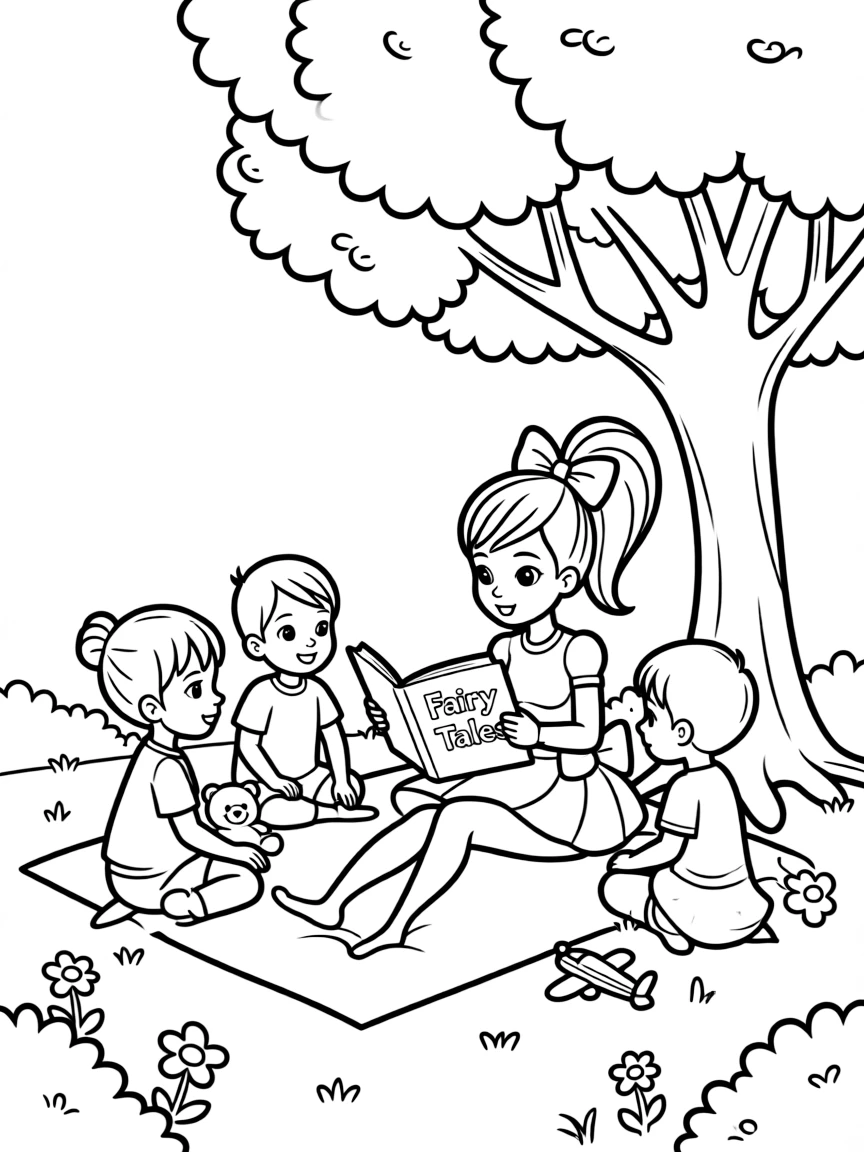 JoJo Siwa reading a storybook to children under a tree – a fun and kid-friendly coloring page.