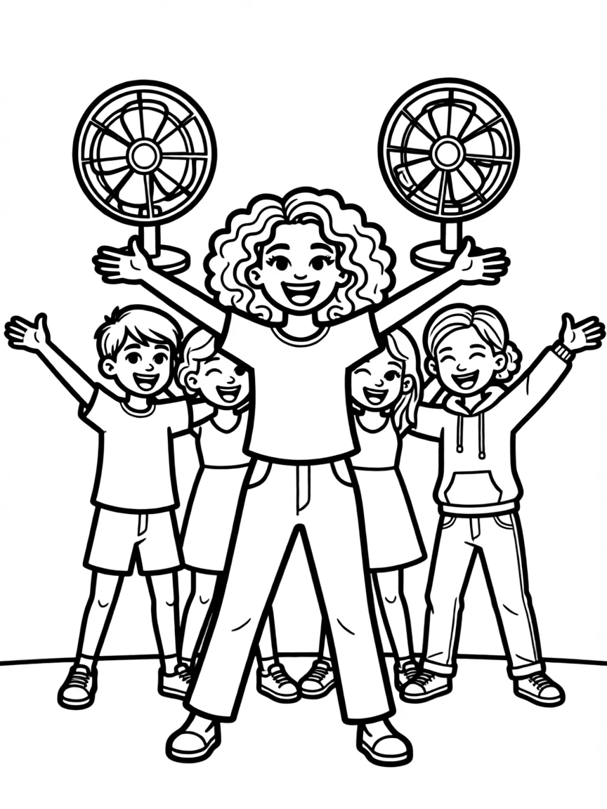 Zendaya posing with cartoon versions of their fans – a fun and kid-friendly coloring page.