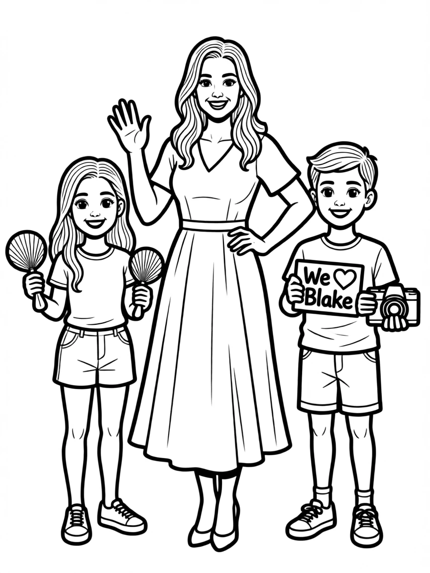 Blake Lively posing with cartoon versions of their fans – a fun and kid-friendly coloring page.