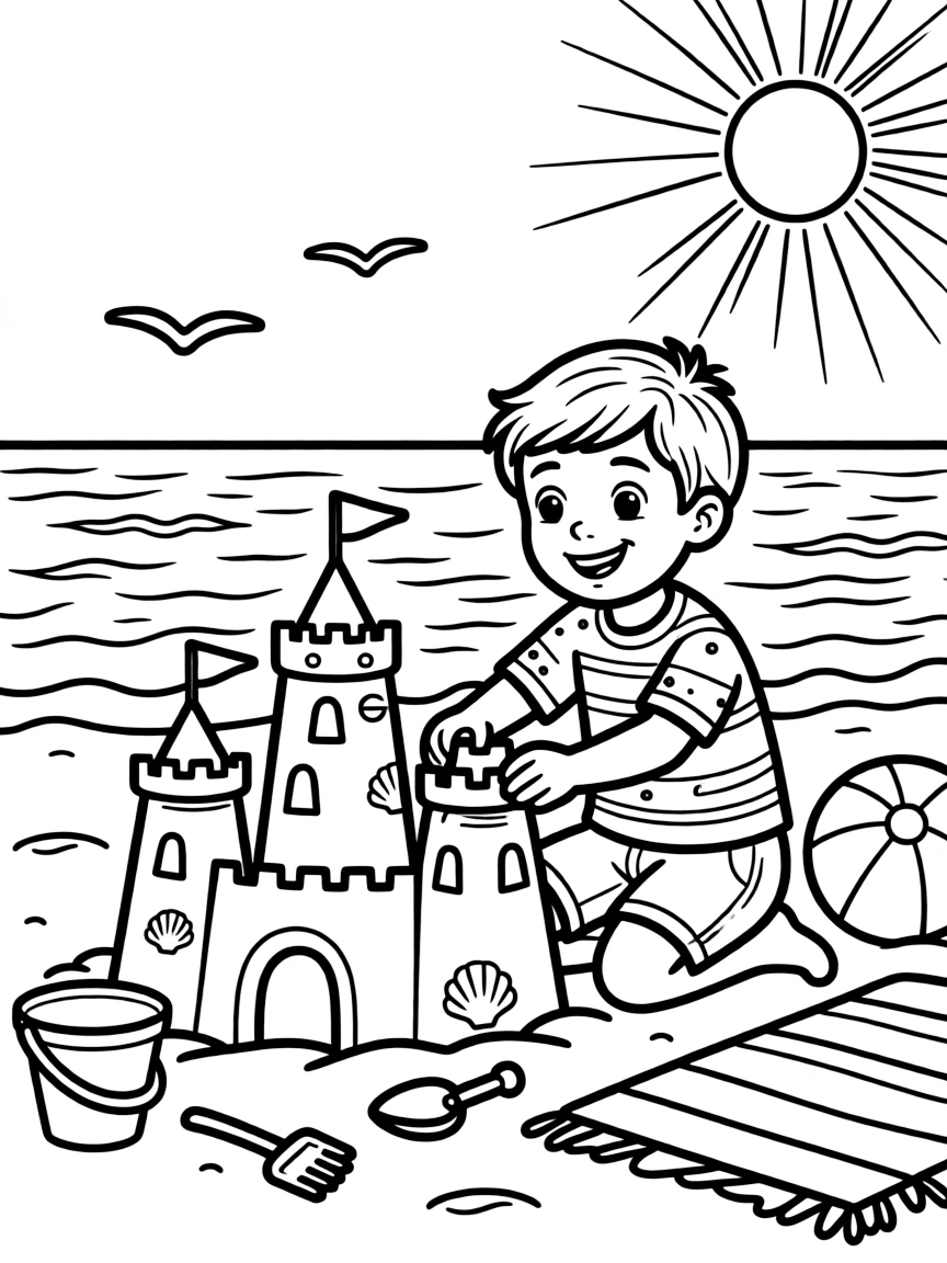 Harry Styles building a sandcastle at the beach – a fun and kid-friendly coloring page.