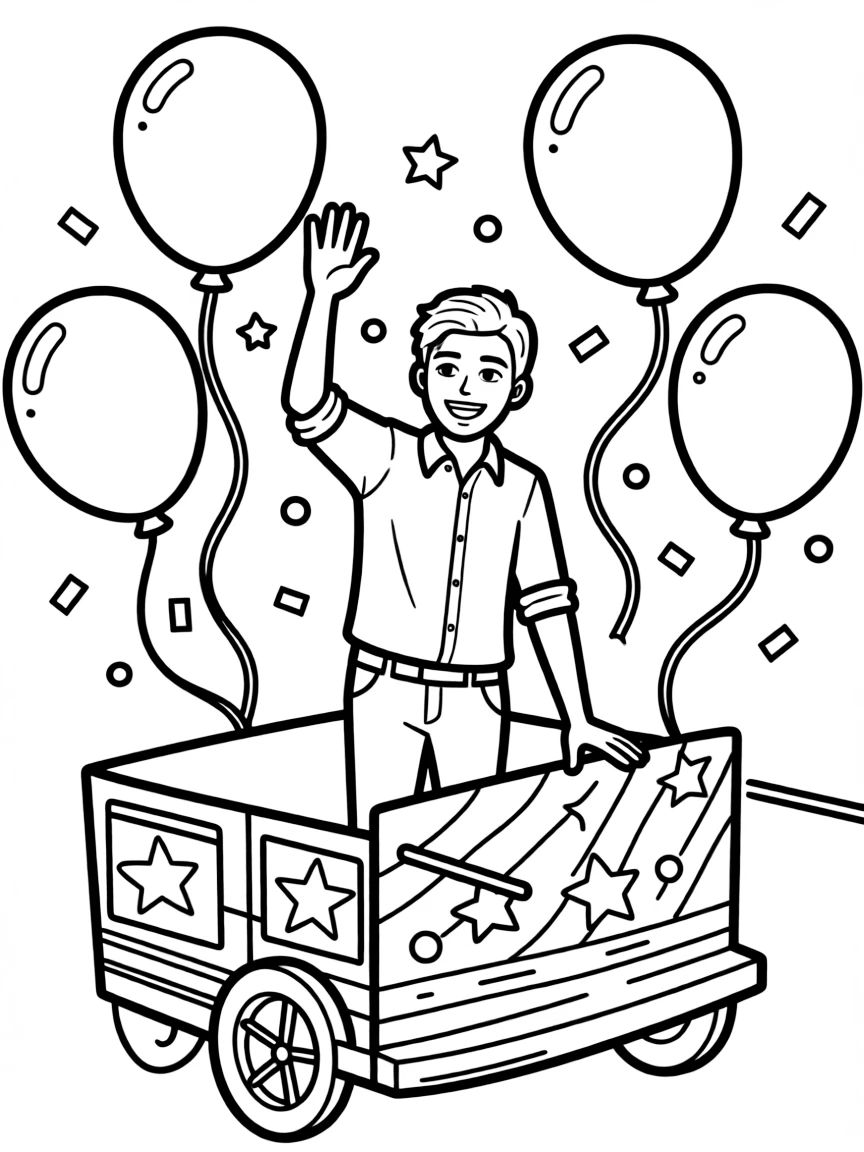 Zayn Malik waving from a parade float with balloons and confetti – a fun and kid-friendly coloring page.
