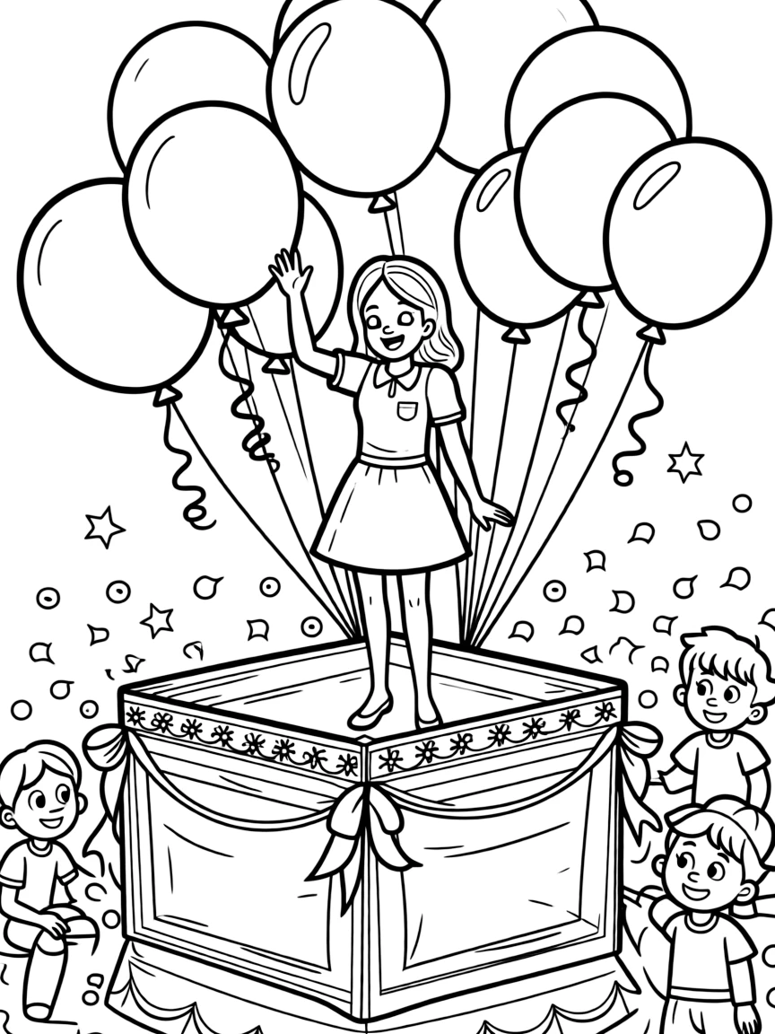 Selena Gomez waving from a parade float with balloons and confetti – a fun and kid-friendly coloring page.