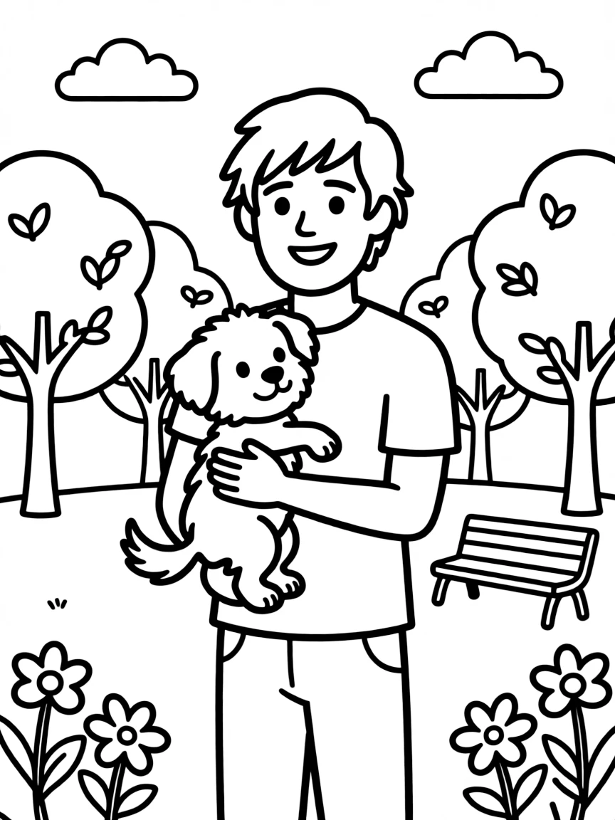 Ed Sheeran smiling and holding a puppy with a park background – a fun and kid-friendly coloring page.