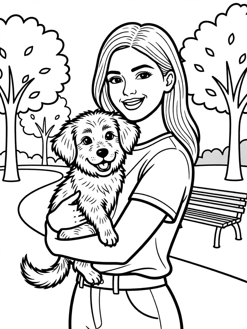 Selena Gomez smiling and holding a puppy with a park background – a fun and kid-friendly coloring page.