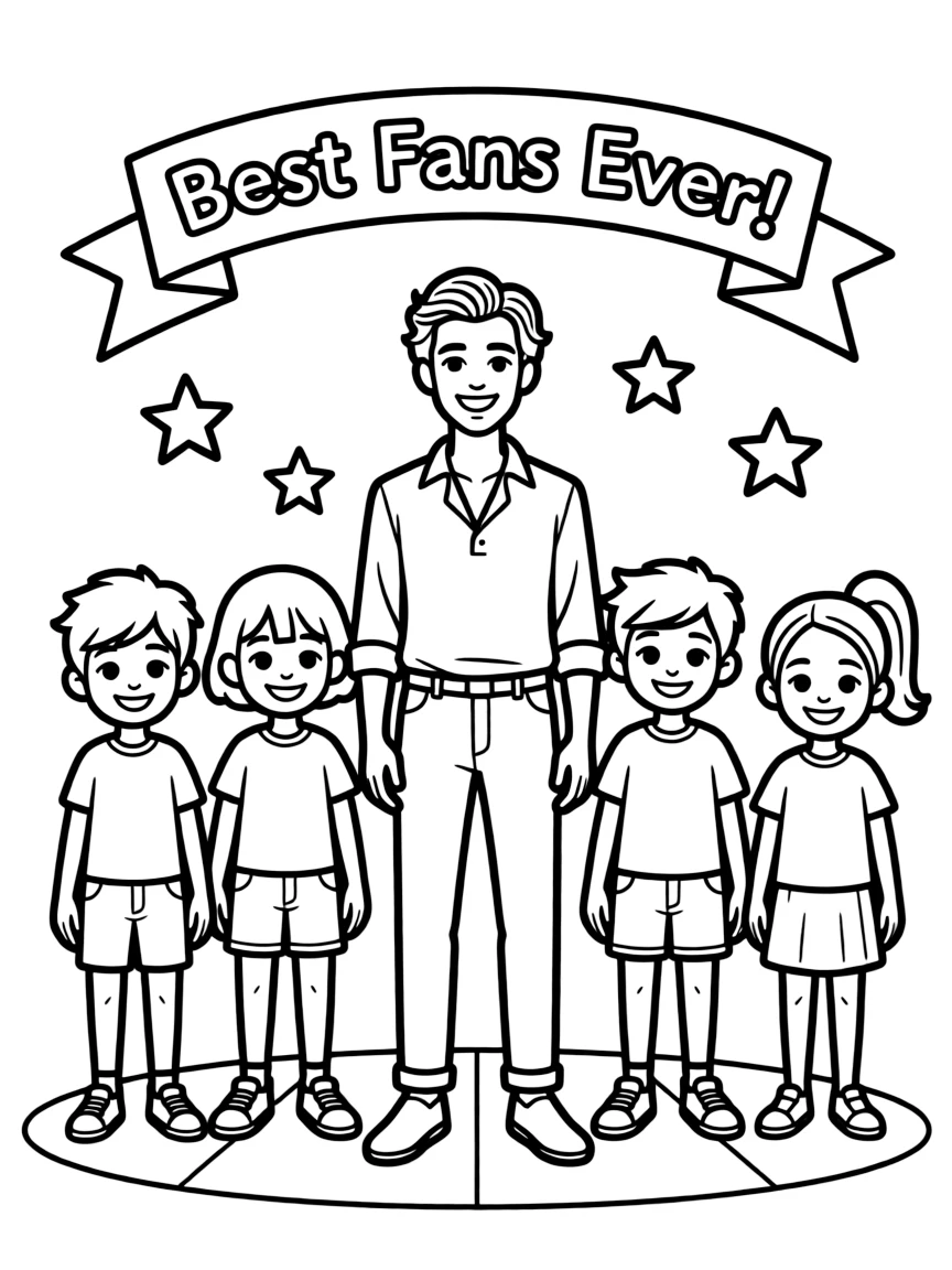 Harry Styles posing with cartoon versions of their fans – a fun and kid-friendly coloring page.
